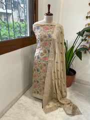 Gold Suit Set with Thread Embroidery in Mul Cotton