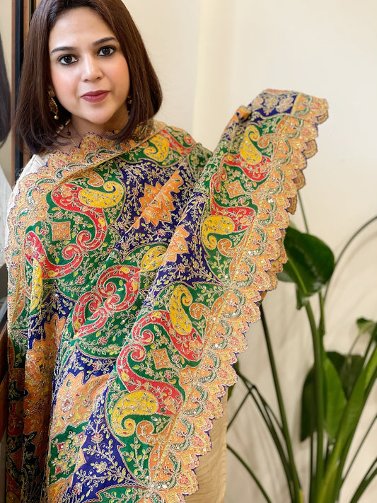 Multicolor Chinon Dupatta with Aari Embroidery