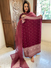 Maroon Handwoven Kadwa Banarasi with Hand Bandhani Suit Set in Pure Silk
