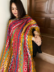 Yellow, Red Handmade Kantha Dupatta in Silk