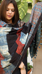 Black, Blue Ajrakh Handblock Printed Silk-Woollen Shawl