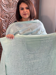 Aqua Suit Set with Lucknowi Handwork in Pure Tussar Silk