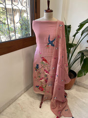 Dusty Pink Suit Set with Thread Embroidery in Pure Mul Chanderi