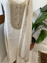 Ivory Winter Suit Set with Aari Work in Pashmina Wool