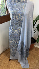 Powder Blue Winter Suit Set with Aari Work in Pashmina Wool