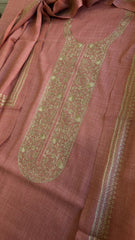 Peachish Pink Winter Suit Set with Aari Work in Pashmina Wool