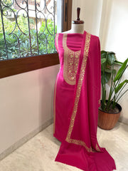 Fuscia Pink Winter Suit Set with Aari Work in Pashmina Wool