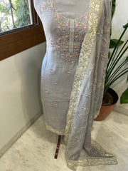 Grey Suit Set with Mirror Work in Pure Cotton