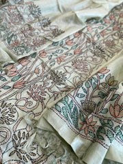 Dusty Green Suit Set with Kantha Handwork in Pure Tussar Silk