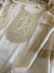 Cream Winter Suit Set with Aari Work in Pashmina Wool