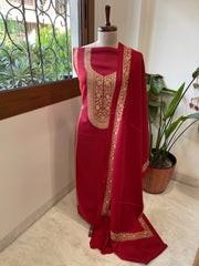 Red Winter Suit Set with Aari Work in Pashmina Wool