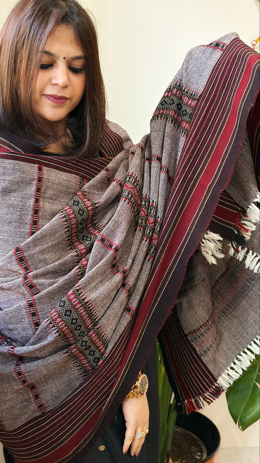 Wine Handwoven Woollen Kutchi Shawl