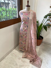 Mauve Suit Set with Thread Embroidery in Mul Cotton
