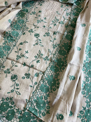 Gold, Green Suit Set with Thread Embroidery and Pitta Work in Tissue Chanderi