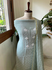 Greenish Grey Suit Set with Pearl, Cut Daana and Lucknowi Thread Handwork in Pure Mul Chanderi