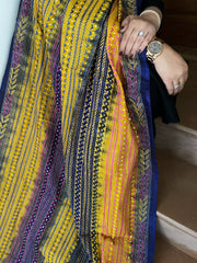 Yellow, Blue Handmade Kantha Dupatta in Silk