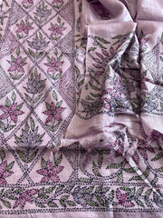 Lavender Suit Set with Kantha Handwork in Pure Tussar Silk