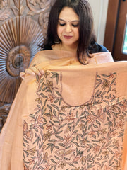 Dark Peach Suit Set with Kantha Handwork in Pure Tussar Silk