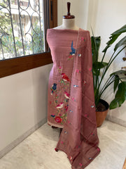 Antique Rose Suit Set with Thread Embroidery in Pure Mul Chanderi
