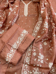 Dark Peach Suit Set with Thread Embroidery in Pure Tussar Silk