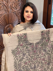 Lite Brown Suit Set with Kantha Handwork in Pure Tussar Silk