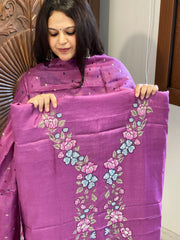 Purple Suit Set with Cross-Stitch Embroidery in Pure Tussar Silk
