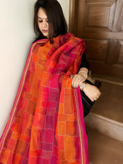 Orange, Pink Handmade Kantha Dupatta in Silk