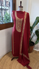 Crimson Red Winter Suit Set with Aari Work in Pashmina Wool