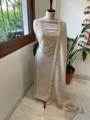 Oatmeal Beige Winter Suit Set with Aari Work in Pashmina Wool