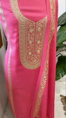 Peachish Pink Winter Suit Set with Aari Work in Pashmina Wool