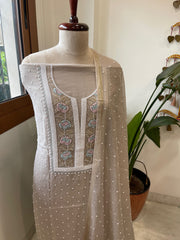 Brown Suit Set with Pearl, Cut Daana and Thread Handwork in Pure Mul Chanderi