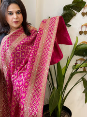 Pink Handwoven NeemZari Bareek Bandhani with Sequin, Dabka Handwork in Pure Georgette