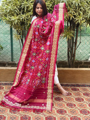 Pink Handwoven Ikat Patola with Gotapatti & Pearl Handwork dupatta in Pure Silk