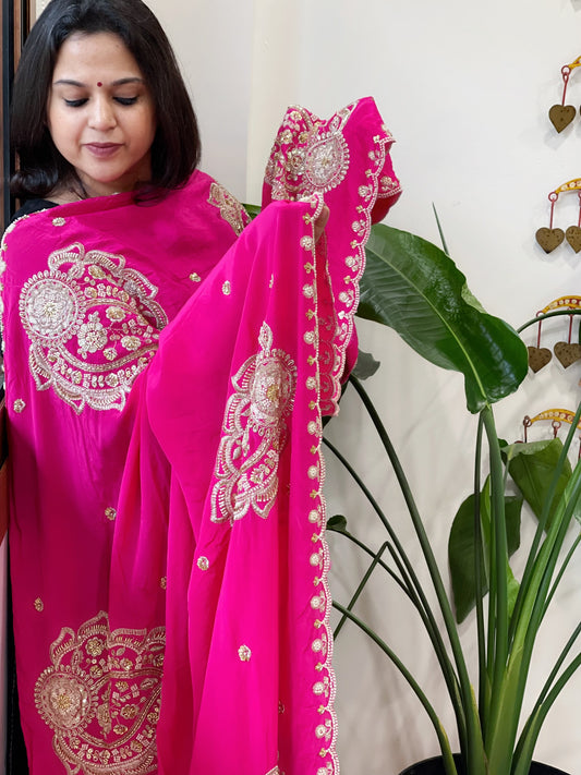 Hot Pink Crepe Dupatta with Pearl, Cut Daana, Gold Thread & Sequin Embroidery