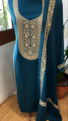 Firozi Winter Suit Set with Aari Work in Pashmina Wool