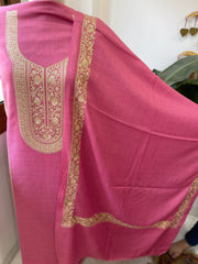 Candy Floss Pink Winter Suit Set with Aari Work in Pashmina Wool