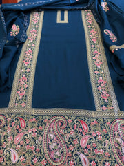 Firozi Winter Suit Set with Aari Work in Pashmina Wool