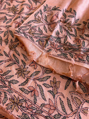 Dark Peach Suit Set with Kantha Handwork in Pure Tussar Silk