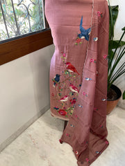 Antique Rose Suit Set with Thread Embroidery in Pure Mul Chanderi
