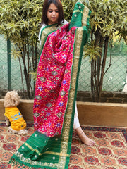 Pink, Green Handwoven Ikat Patola with Gotapatti & Pearl Handwork dupatta in Pure Silk