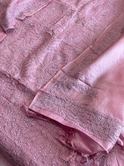 Purplish pink Suit Set with Lucknowi Handwork in Pure Tussar Silk
