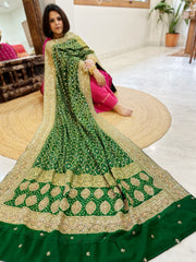 Green Handwoven NeemZari Bareek Bandhani with Meenakari and Dabka Handwork in Pure Georgette