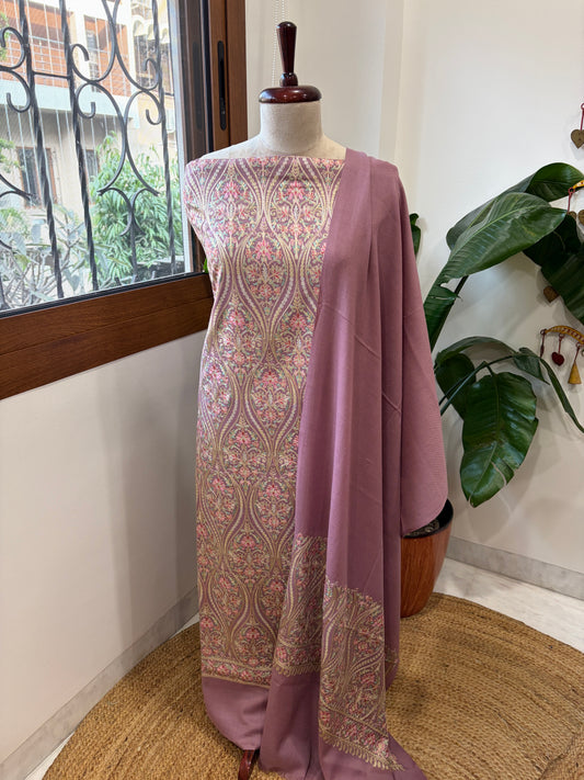 Pinkish Mauve Winter Suit Set with Aari Work in Pashmina Wool