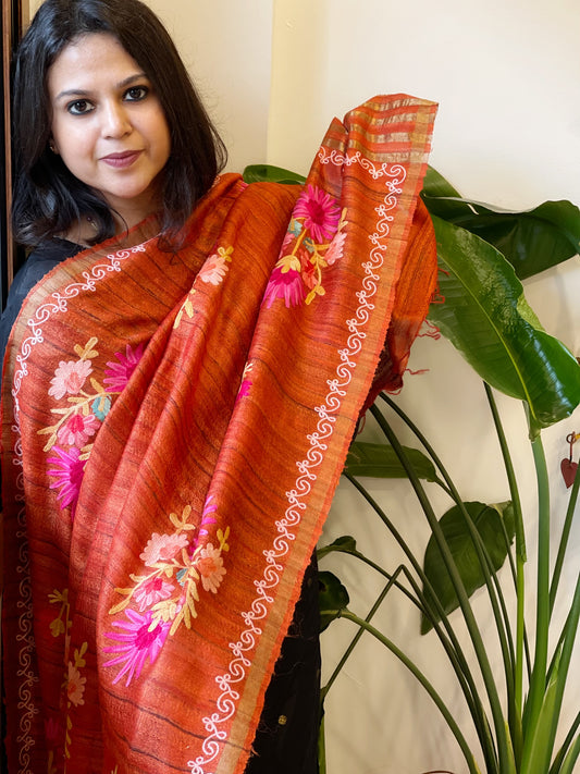 Kashmiri Aari Embroidered Dupatta in Geecha Silk