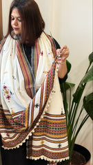 Off-White Handwoven Woollen Shawl with Mirror Handwork