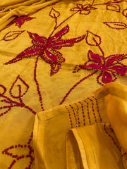Mustard Yellow Crepe Suit Set With Knot & Sequin Handwork