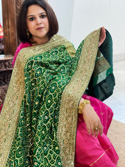 Green Handwoven NeemZari Bareek Bandhani with Meenakari and Dabka Handwork in Pure Georgette