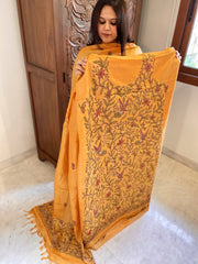Lite Orange Suit Set with Kantha Handwork in Pure Tussar Silk