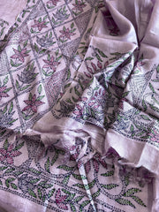 Lavender Suit Set with Kantha Handwork in Pure Tussar Silk