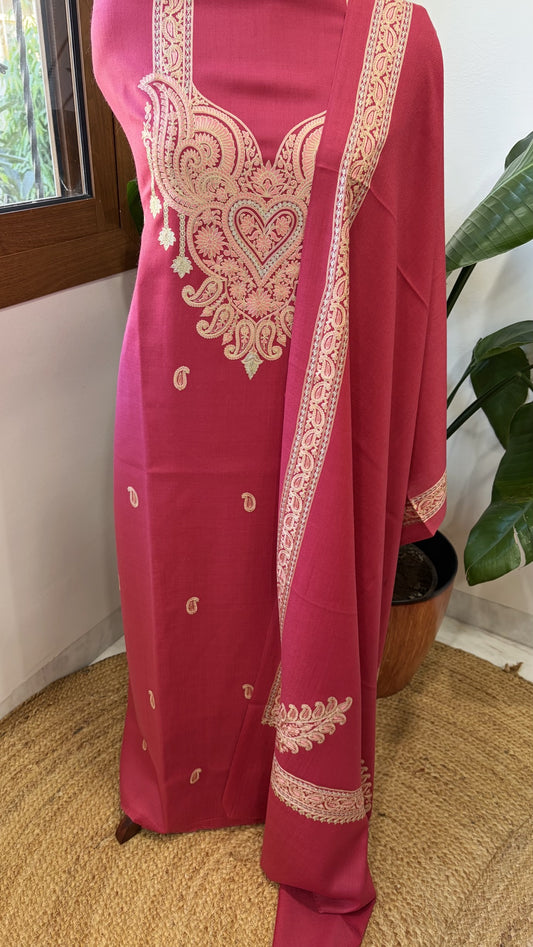 Pink Winter Suit Set with Aari Work in Pashmina Wool
